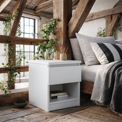 Wyld Haus Budapest White Bedside Table 1 Drawer 1 Shelf from B&Q