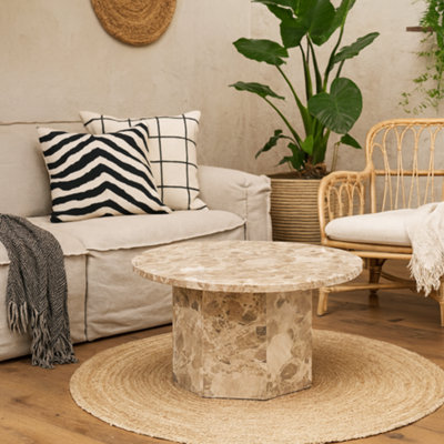 Wyld Haus Bremen Brown Marble Round Coffee Table With Hexagonal Base