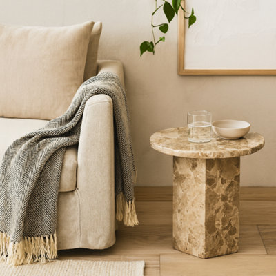 Wyld Haus Bremen Brown Marble Round Side Table With Hexagon Base