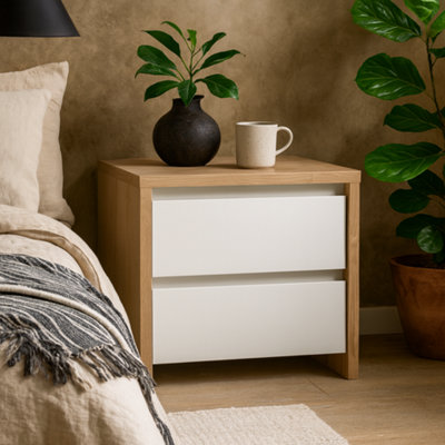 Wyld Haus Salzburg Bedside TableWhite Gloss & Natural Oak Effect2 Drawers from B&Q