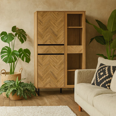 Wyld Haus Hanover Oak-Effect Display Cabinet 2 Doors 1 Drawer 8 Shelves Chevron Design from B&Q