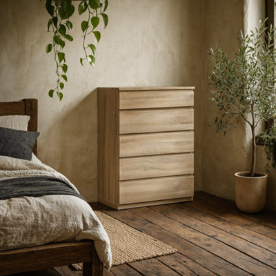 Wyld Haus Copenhagen Natural Oak-Effect 5-Drawer Handleless Chest Of Drawers from B&Q