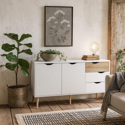 B&Q -  Sapporo Large Sideboard In White And Natural Oak3 Drawers2 Doors