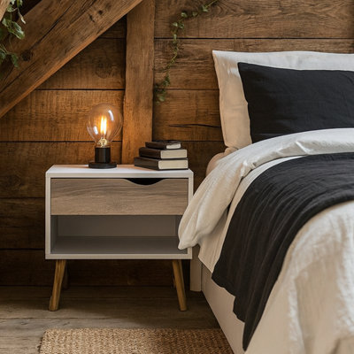 B&Q -  Sapporo White And Natural Oak 1-Drawer Bedside Table