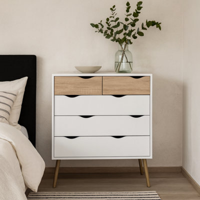 Wyld Haus Sapporo White And Natural Oak Effect Tall 5-Drawer Chest from B&Q