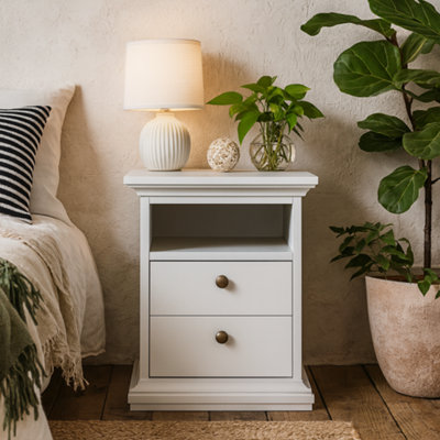 Wyld Haus Osaka Farmhouse White Wooden Bedside Table2 Drawers And 1 Open Shelf from B&Q