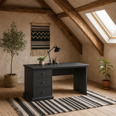 Wyld Haus Osaka Farmhouse Dark Grey Wooden Desk 3 Drawers 1300X616X739mm from B&Q