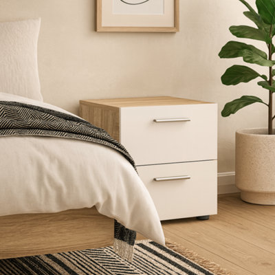 Wyld Haus Daejeon Bedside TableWhite Gloss & Natural Oak Effect 2 Drawers from B&Q