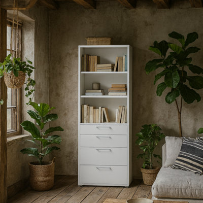 Wyld Haus Dris White Wooden Bookcase 2 Shelves 4 Drawers from B&Q