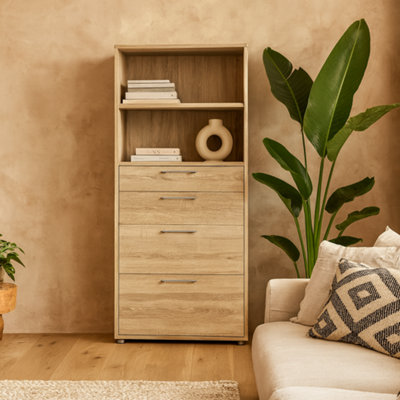 Wyld Haus Dris Natural Oak-Effect Bookcase 1 Shelf 4 Drawers from B&Q