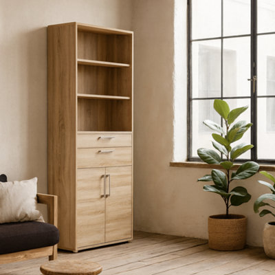 Wyld Haus Dris Tall Natural Oak Effect Bookcase 3 Shelves 4 Drawers from B&Q