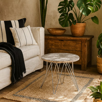 Wyld Haus Alba Round Side TableGrey Brown Spider Marble TopChromed Wire Legs from B&Q
