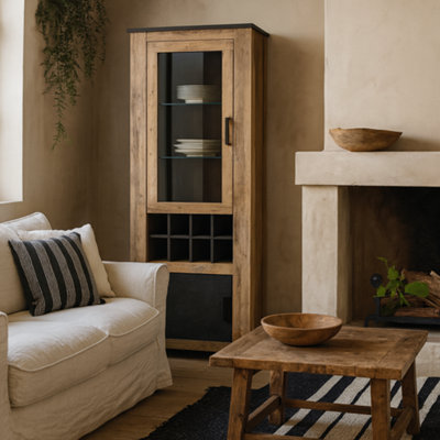 Wyld Haus Juniper 2-Door Display Cabinet With Wine RackChestnut And Matera Grey from B&Q