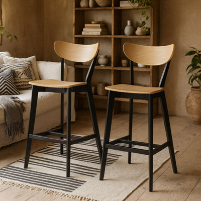 Wyld Haus Set Of 2 Saffron Bar Stools Natural Oak Veneer SeatsMatte Black Base from B&Q