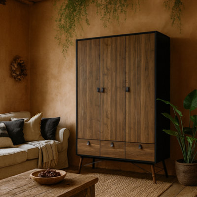 Wyld Haus Juno Black And Walnut 3-Door Wardrobe With 3 Drawers from B&Q