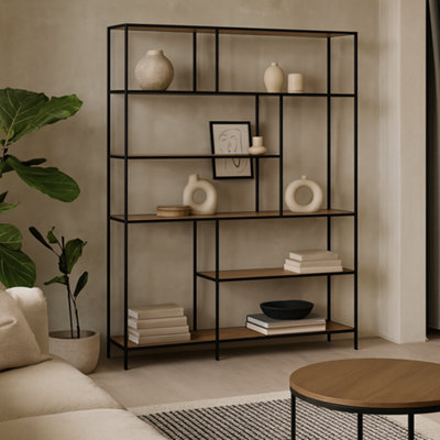 Wyld Haus El Paso Asymmetrical Black Bookcase With 5 Wild Oak Effect Shelves from B&Q