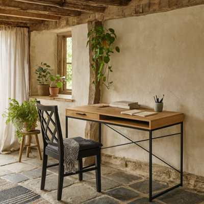 Wyld Haus El Paso Wild Oak Effect Desk With DrawerShelf And Black Metal Sledge Base from B&Q