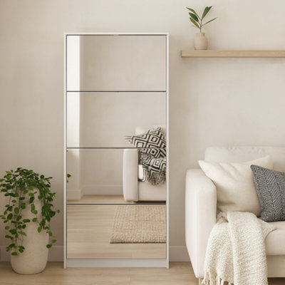 Wyld Haus Prague Tall White Shoe Cabinet With 4 Mirrored Flip Doors from B&Q