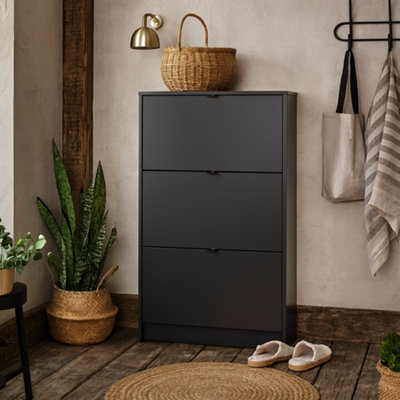 Wyld Haus Prague Matt Black Shoe Cabinet 3 Flip-Down Doors 6 Shelves Slim Hallway Storage from B&Q