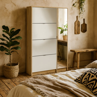 Wyld Haus Prague Natural Oak-Effect Shoe Cabinet With Mirror And 4 Flip Doors from B&Q