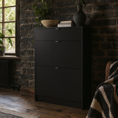 Wyld Haus Prague Matt Black Shoe Cabinet 2 Flip-Down Doors 1 Drawer from B&Q