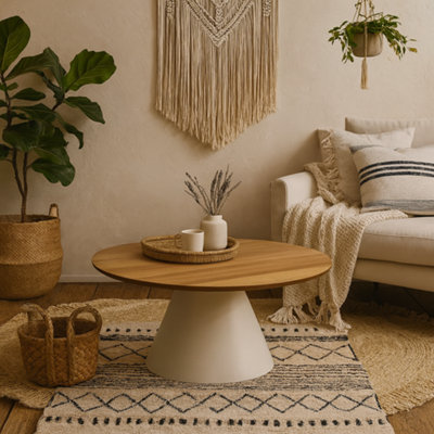 Wyld Haus Hamburg Low Round Oak Veneer Coffee Table With Grey Steel Pillar Base from B&Q