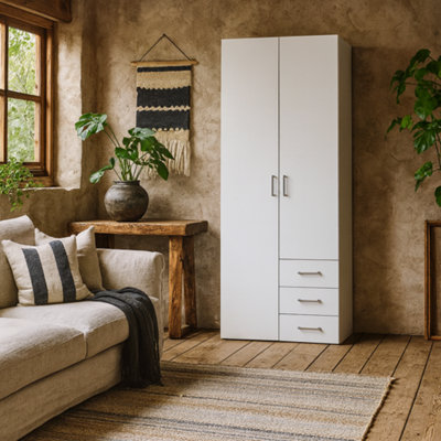 Wyld Haus Munich White Wooden Wardrobe 2 Doors 3 Drawers 4 Shelves from B&Q