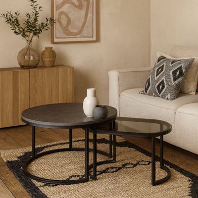 Wyld Haus Reykjavik Black Marble Effect And Grey Glass Nesting Coffee Table Set With Black Hairpin Legs from B&Q