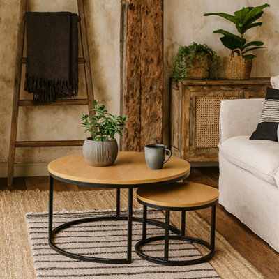 Wyld Haus Odense Wild Oak Effect Round Nesting Coffee Table Set Black Metal Legs from B&Q