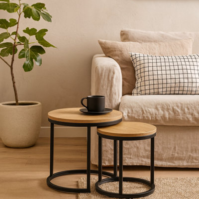 Wyld Haus Odense Nesting Tables Wild Oak Effect Tops With Black Steel Hairpin Legs from B&Q