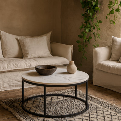 Wyld Haus Odense Round Coffee Table White Marble Effect Top Black Hairpin Legs from B&Q
