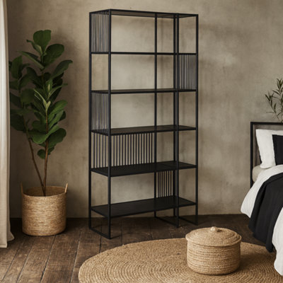 Wyld Haus Porto Tall Modern Organic Shelving UnitBlack Metal FrameStone-Effect Wood Shelves from B&Q