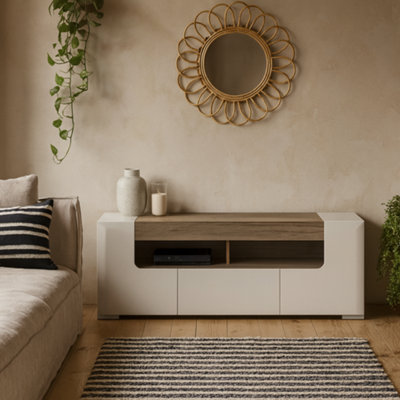 Wyld Haus Porto 140Cm Gloss White Tv Cabinet With Oak Detail2 Doors & 1 Drawer from B&Q