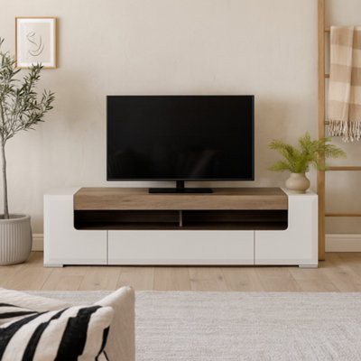 Wyld Haus Porto Wide Gloss White Tv Cabinet With Oak Detail 2 Doors 2 Drawers from B&Q