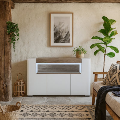 Wyld Haus Porto Wide Gloss White Sideboard With Oak Detail 3 Doors 2 Shelves from B&Q
