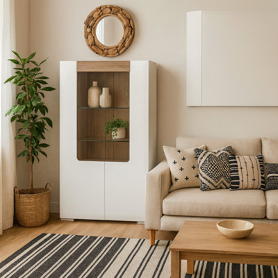 Wyld Haus Porto Low Gloss White Glazed Display Cabinet With Oak Detail2 Doors 3 Shelves from B&Q