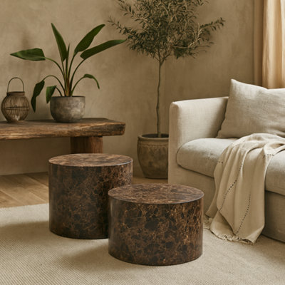 Wyld Haus Lille Set Of 2 Brown Marble-Effect Round Coffee Tables 58 X 40 Cm And 50 X 33 Cm from B&Q