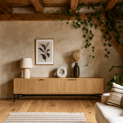 Wyld Haus Brisbane 176Cm Slatted Natural Oak Tv Unit 3 Doors Black Metal Legs from B&Q