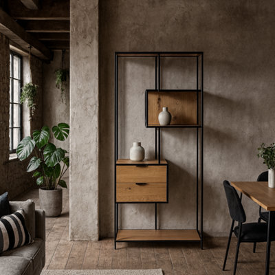 Wyld Haus Galway Tall Oak And Black Metal Bookcase With 2 Drawers And 4 Shelves from B&Q