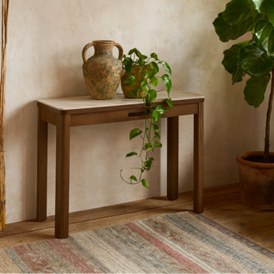 Wyld Haus Cork Cream Ceramic Console Table With Oak Veneer Base And 1 Drawer from B&Q