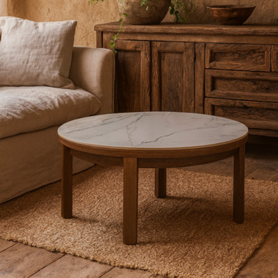 Wyld Haus Cork 90Cm Round Cream Ceramic Coffee Table With Oak Veneer Base from B&Q