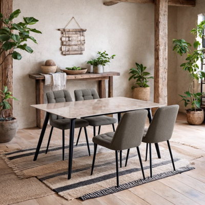 Wyld Haus Belfast Brown Ceramic Dining Table With Black Steel Base And 4 Taupe Fabric Chairs from B&Q