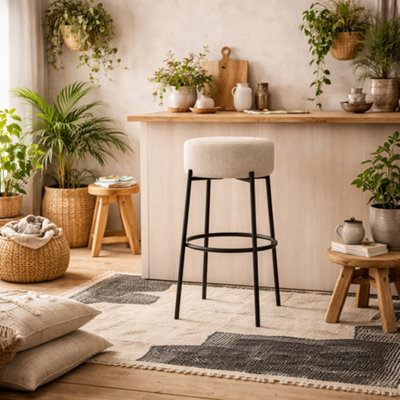 Wyld Haus Tanji Cream Boucle Round Counter Stool With Black Matt Metal Legs from B&Q
