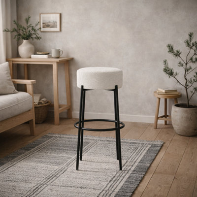 Wyld Haus Tanji Ivory Boucle Round Bar Stool With Black Metal Legs from B&Q