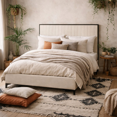Wyld Haus Killarney King Size Bed Cream Velvet Tall Ribbed Headboard Matt Black Frame from B&Q