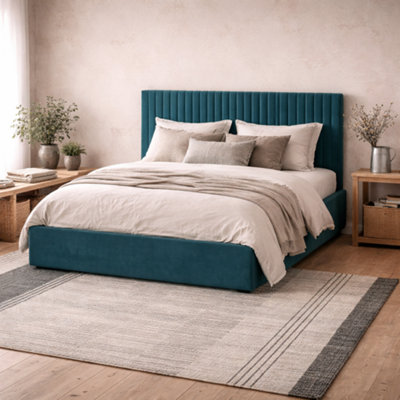 Wyld Haus Dublin 4Ft6 Teal Velvet Double Ottoman Bed With Ribbed Headboard from B&Q