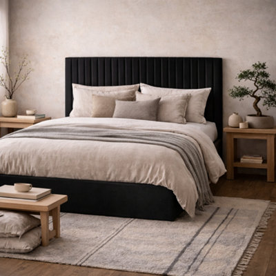 Wyld Haus Dublin Black Velvet 6Ft Super King Ottoman Bed With Tall Ribbed Headboard from B&Q