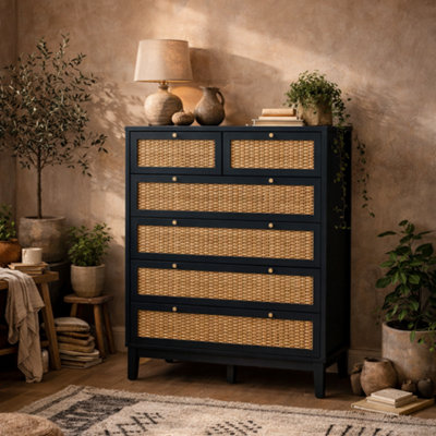 Wyld Haus Waterford Berlin Blue Oak & Rattan 6-Drawer Chest from B&Q