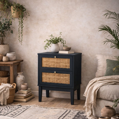 Wyld Haus Waterford Berlin Blue Oak And Rattan Bedside Table 2 Drawers from B&Q
