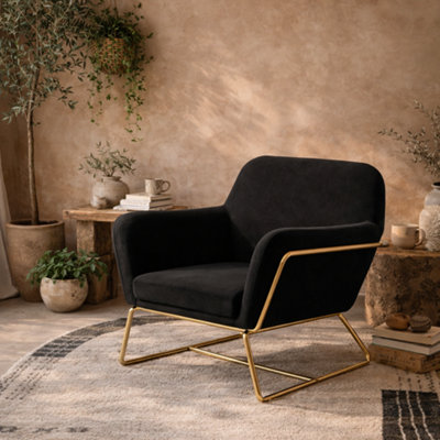 Wyld Haus Marseille Black Velvet Armchair With Gold Metal Legs from B&Q